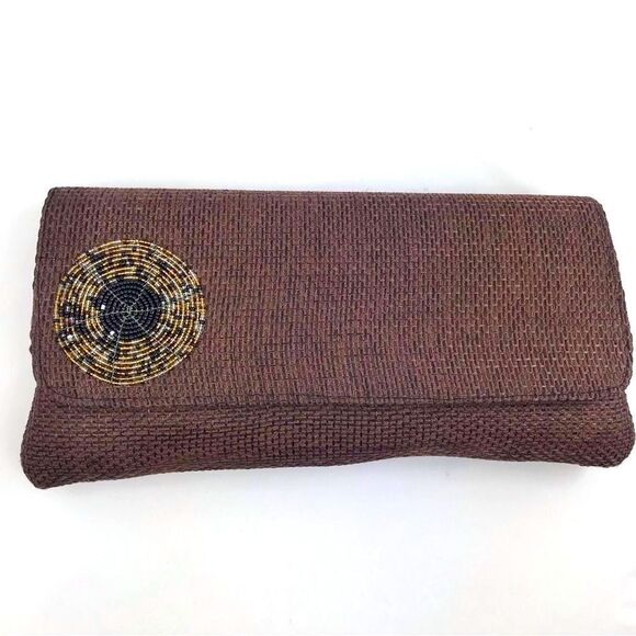 Boutique Brown Burlap and Bead Medallion Summer Envelope Clutch Bag NWOT - Picture 1 of 14